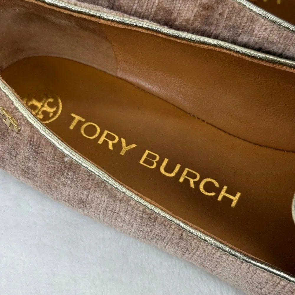 Tory Burch Dusty Rose Velvet Ribbed Smoking Slipper Loafers‎ Gold Trim Flats 9.5